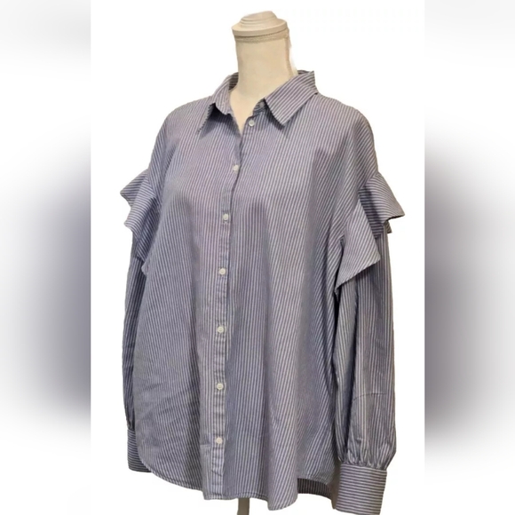 Zara Woman Blue Pinstripe Ruffle Shoulder Frill Button UP Long Sleeve Blouse PL - Picture 6 of 15